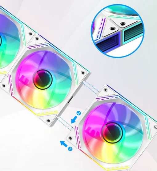 Cod. V:293 Kit Ventiladores PC GAMEMAX FN12A-S3I WH / 3*FAN120mm conectado en cadena / Luces ARGB efecto infinito 26LED (8+18 C/U) / PWM de 4 pines (M/F) / Aura 3 pin 5V (M/F)