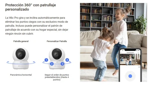 Cod. 333 Cámara Smart 360° EZVIZ H6c Pro 2K / Visión Nocturna a Color / Modo patrulla / Detección (AI) Personas y ruidos fuertes / Seg. automát. / Audio bidireccional y botón llamada / Compatible: Alexa y google home / Soporta microSD hasta 512GB