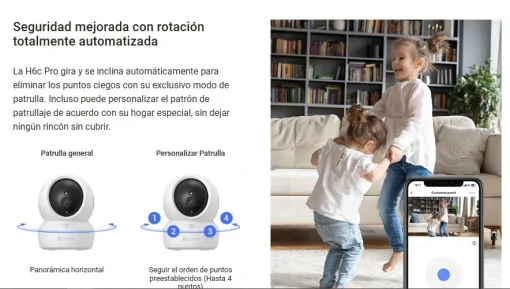 Cod. 331 Cámara Smart 360° EZVIZ H6c Pro 3K / Visión Nocturna a Color Smart / Modo patrulla / Detección (AI) Personas y ruidos fuertes / Seguimiento de Zoom Aut. / Audio bidireccional y botón de llamada / compatible: Alexa y google home / Soporta mi