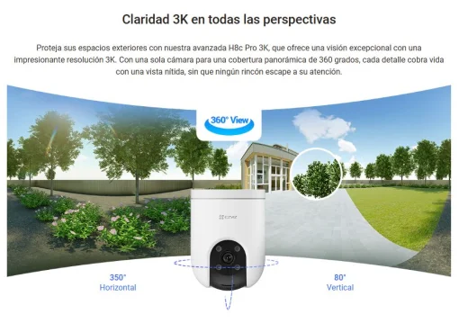 Cod. 743 C&aacute;mara Smart p/exterior 360&deg; Wi-Fi EZVIZ H8c Pro 3K / Visi&oacute;n nocturna a color / IR (hasta 30mt.) / Detecci&oacute;n Personas/Veh&iacute;culos por IA / Seguimiento Zoom autom&aacute;tico / Defensa activa / Audio bidireccional / Dise&ntilde;o resistente a la intemperie / Sopo