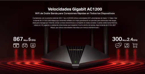 Cod. 142 Router Wireless MERCUSYS MR30G / Banda Dual AC1200 / 1.2 Gbps / 2*P/LAN Gigabit, 1* P/WAN Gigabit / (5 dBi) 4*Antenas Beamforming / MU-MIMO 2x2 / Conex. hasta 64 dispositivos    Marca	MERCUSYS Modelo	MR30G Descripción General	 WiFi Gigabit AC1200