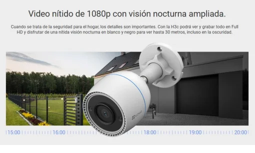 Cod. AE:374 C&aacute;mara Smart P/Exterior EZVIZ H3c FHD 1080p / H.265 / Det. Personas por IA / Visi&oacute;n nocturna IR hasta 30 m / Captura de sonido / Soporta microSD (hasta 512GB) / Resistente a la intemperie IP67 / Compatible: Alexa y asst. Google