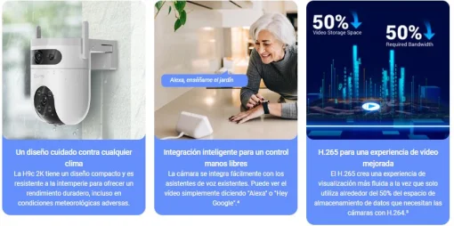 Cod. 335 Cámara Smart exterior EZVIZ H9c Dual 2K &amp; 2K 360° / Vista Nocturna Color / 2*modos patrulla / Detección humana/vehículo IA / Co-detección Seg. automát. / Defensa activa / Audio bidireccional / Soporta microSD hasta 512GB / Compatible: Alexa y ass