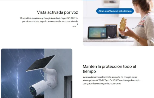 Cod. 358 Kit C&aacute;mara Smart TP-Link Tapo C410 2K &amp; panel solar / Visi&oacute;n Nocturna a Color / detector smart Persona / Zonas personalizables / Audio bidireccional / Soporta microSD(512GB) / Bat. integrada (180d&iacute;as) / Compatible: Google Home y Alexa / IP65