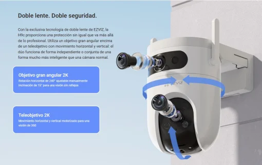 Cod. 335 Cámara Smart exterior EZVIZ H9c Dual 2K &amp; 2K 360° / Vista Nocturna Color / 2*modos patrulla / Detección humana/vehículo IA / Co-detección Seg. automát. / Defensa activa / Audio bidireccional / Soporta microSD hasta 512GB / Compatible: Alexa y ass