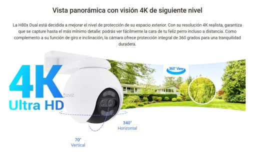 Cod. AE:745 Cámara Smart exterior EZVIZ H80x Dual 4K 360° / Vista Nocturna ColorFULL / Auto-Zoom Tracking / 2*modos patrulla / Detección humana/vehículo IA / Defensa activa / Audio bidireccional / microSD hasta 512GB / Compatible: Alexa y asst. Google