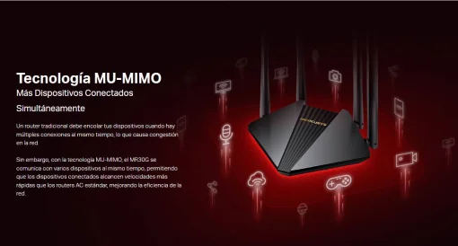 Cod. 142 Router Wireless MERCUSYS MR30G / Banda Dual AC1200 / 1.2 Gbps / 2*P/LAN Gigabit, 1* P/WAN Gigabit / (5 dBi) 4*Antenas Beamforming / MU-MIMO 2x2 / Conex. hasta 64 dispositivos    Marca	MERCUSYS Modelo	MR30G Descripción General	 WiFi Gigabit AC1200