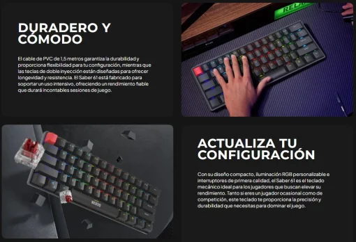 Cod. 282  Teclado Mec&aacute;nico MARVO Saber 61 (KG933G SP) / Switch rojo / Retroiluminaci&oacute;n RGB din&aacute;mica / Full Anti-ghosting / USB,&nbsp;1.8m / 62 teclas Espa&ntilde;ol