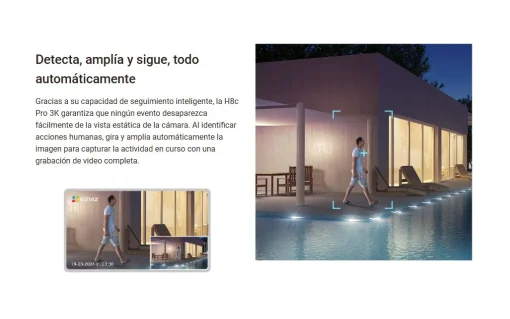 Cod. 743 C&aacute;mara Smart p/exterior 360&deg; Wi-Fi EZVIZ H8c Pro 3K / Visi&oacute;n nocturna a color / IR (hasta 30mt.) / Detecci&oacute;n Personas/Veh&iacute;culos por IA / Seguimiento Zoom autom&aacute;tico / Defensa activa / Audio bidireccional / Dise&ntilde;o resistente a la intemperie / Sopo