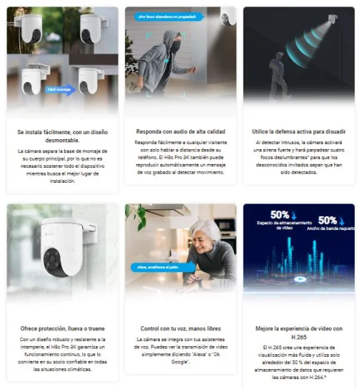 Cod. 743 C&aacute;mara Smart p/exterior 360&deg; Wi-Fi EZVIZ H8c Pro 3K / Visi&oacute;n nocturna a color / IR (hasta 30mt.) / Detecci&oacute;n Personas/Veh&iacute;culos por IA / Seguimiento Zoom autom&aacute;tico / Defensa activa / Audio bidireccional / Dise&ntilde;o resistente a la intemperie / Sopo