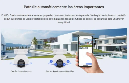 Cod. AE:745 Cámara Smart exterior EZVIZ H80x Dual 4K 360° / Vista Nocturna ColorFULL / Auto-Zoom Tracking / 2*modos patrulla / Detección humana/vehículo IA / Defensa activa / Audio bidireccional / microSD hasta 512GB / Compatible: Alexa y asst. Google