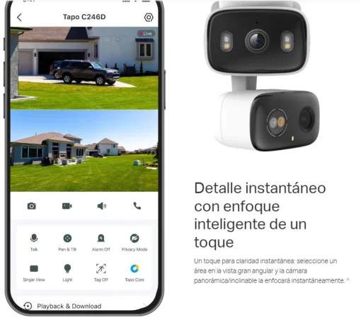 Cod. AT:379 C&aacute;mara Smart exterior/interior TP-Link Tapo C246D Dual 2K 360&deg; / Lente gran angular 125&deg; &amp; Teleobjetivo 6mm / Vista Nocturna Intelig. / Detecci&oacute;n AI (pers. masc. veh.) / Seg. autom&aacute;t. sincronizado / 8 puntos patrulla / Audio bidireccional / So