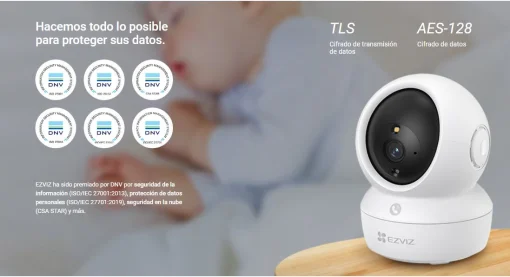 Cod. 333 Cámara Smart 360° EZVIZ H6c Pro 2K / Visión Nocturna a Color / Modo patrulla / Detección (AI) Personas y ruidos fuertes / Seg. automát. / Audio bidireccional y botón llamada / Compatible: Alexa y google home / Soporta microSD hasta 512GB
