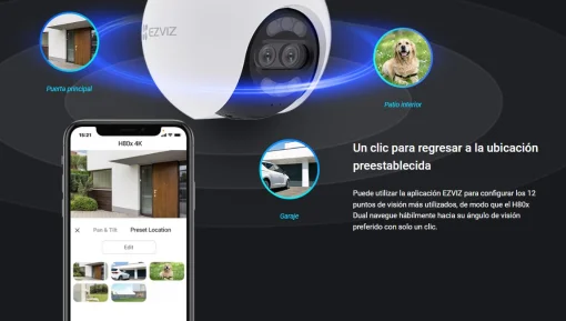 Cod. AE:745 Cámara Smart exterior EZVIZ H80x Dual 4K 360° / Vista Nocturna ColorFULL / Auto-Zoom Tracking / 2*modos patrulla / Detección humana/vehículo IA / Defensa activa / Audio bidireccional / microSD hasta 512GB / Compatible: Alexa y asst. Google