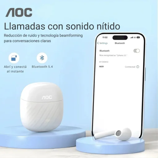 Cod. 130 Aud&iacute;fonos AOC ACT2521WT TWS / Bluetooth&reg; 5.4 / Touch Intelligent / Estilo abierto, sin almohadilla / Bat. 200mAh, USB-C