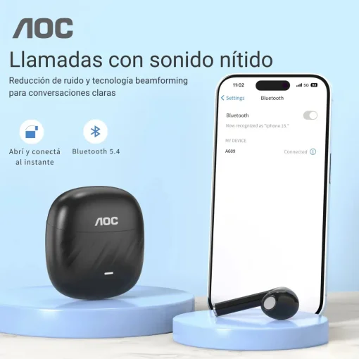 Cod. 131 Aud&iacute;fonos AOC ACT2521BK TWS / Bluetooth&reg; 5.4 / Touch Intelligent / Estilo abierto, sin almohadilla / Bat. 200mAh, USB-C