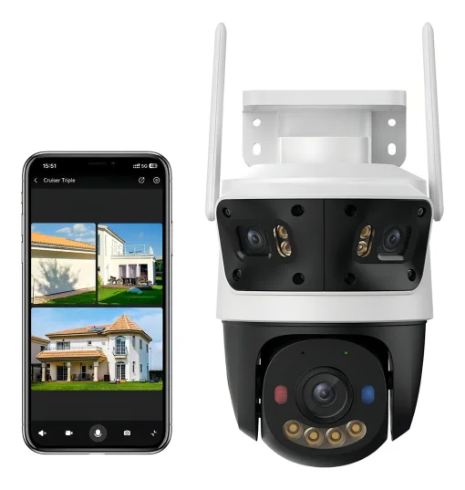 Cod. 401 Cámara Smart IMOU Cruiser Triple 11MP (2*fijas 3MP 160° + 5MP 360°) P/Exterior / Full Color 24/7 (30M) / IMOU SENSE™ / AIgo Play: persona/vehículo/ intrusiones y cruces de línea / Disuasión activa (luces roja, azul) / Audio bidireccional / Soport