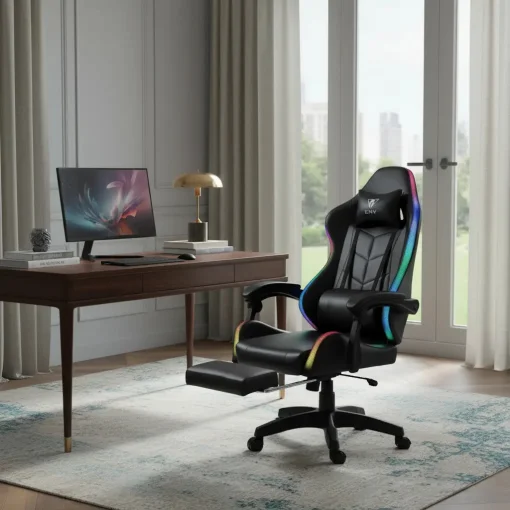 Cod. 1174 Silla Gamer ENV ThroneX Black / Iluminaci&oacute;n RGB + Altavoces / Almohada cabeza y zona lumbar / Rotaci&oacute;n 360&deg; / &nbsp;Reposapi&eacute;s retr&aacute;ctil