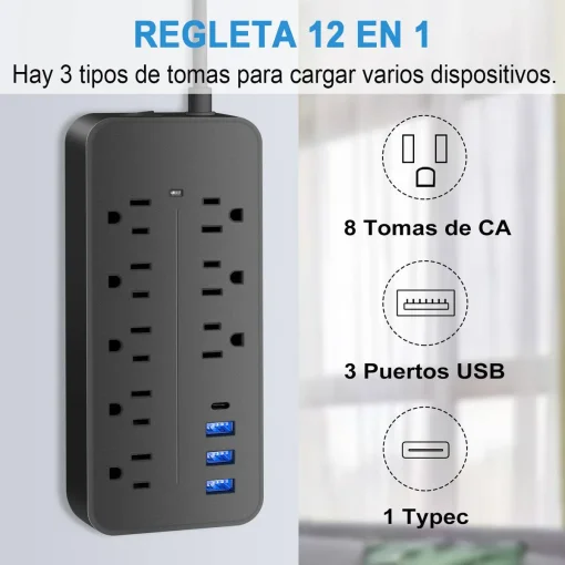 Cod. 008 Cortapicos multipuertos de 8 Salidas + 3*USB-A + 1*USB-C