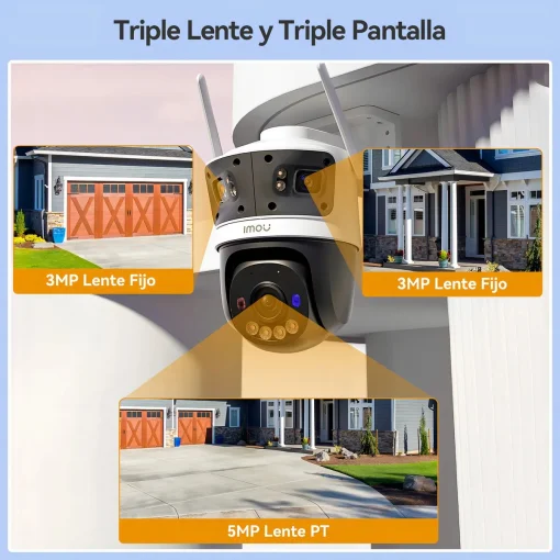 Cod. 401 Cámara Smart IMOU Cruiser Triple 11MP (2*fijas 3MP 160° + 5MP 360°) P/Exterior / Full Color 24/7 (30M) / IMOU SENSE™ / AIgo Play: persona/vehículo/ intrusiones y cruces de línea / Disuasión activa (luces roja, azul) / Audio bidireccional / Soport