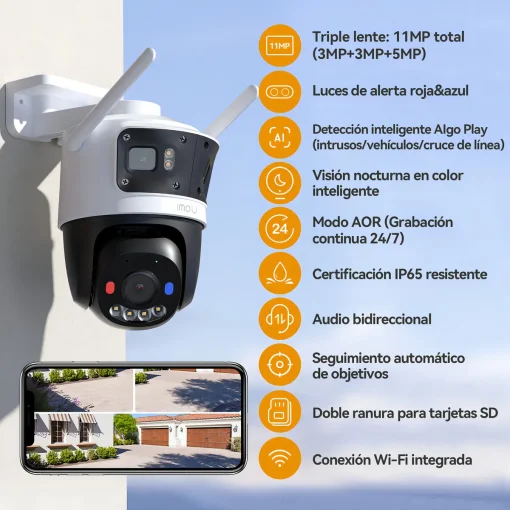 Cod. 401 Cámara Smart IMOU Cruiser Triple 11MP (2*fijas 3MP 160° + 5MP 360°) P/Exterior / Full Color 24/7 (30M) / IMOU SENSE™ / AIgo Play: persona/vehículo/ intrusiones y cruces de línea / Disuasión activa (luces roja, azul) / Audio bidireccional / Soport