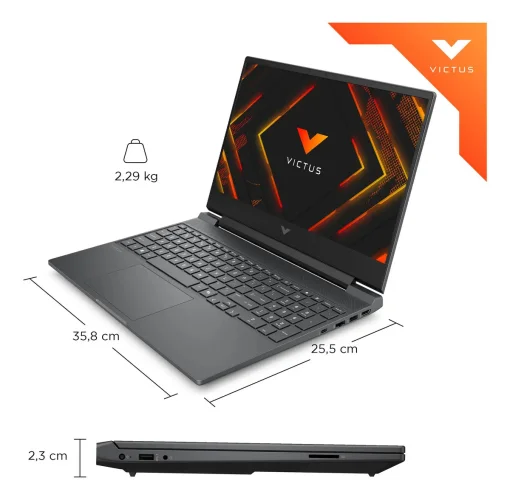 Cod. 1743 VICTUS by HP 15-fb3019la Gaming / AMD Ryzen&trade; 7 7445H / 8GB DDR5 / 512GB PCIe Gen4 SSD / NVIDIA&reg; GeForce RTX&trade; 3050 6GB GDDR6 / 15.6" FHD IPS 144Hz / FreeDOS / Wi-Fi 6 &amp; BT&reg; 5.4 / DTS: X&reg; Ultra / Teclado Retroiluminado Espa&ntilde;ol + num&eacute;rico