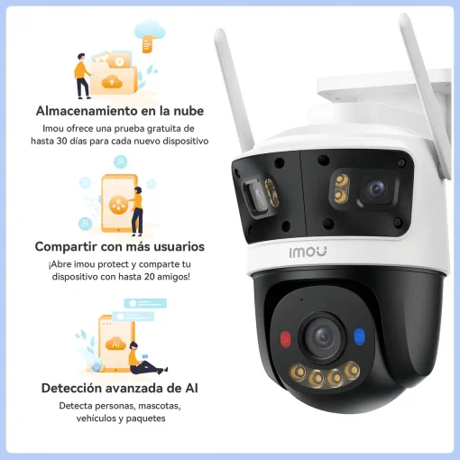 Cod. 401 Cámara Smart IMOU Cruiser Triple 11MP (2*fijas 3MP 160° + 5MP 360°) P/Exterior / Full Color 24/7 (30M) / IMOU SENSE™ / AIgo Play: persona/vehículo/ intrusiones y cruces de línea / Disuasión activa (luces roja, azul) / Audio bidireccional / Soport