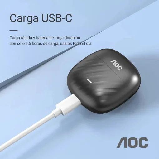 Cod. 131 Aud&iacute;fonos AOC ACT2521BK TWS / Bluetooth&reg; 5.4 / Touch Intelligent / Estilo abierto, sin almohadilla / Bat. 200mAh, USB-C