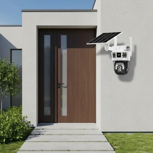 Cod. 421 C&aacute;mara Smart ENV Solar View 4MP P/Exterior 360&deg;+ Panel Solar / 12 luces h&iacute;bridas (IR y LEDs) / Detecci&oacute;n y rastreo de movimiento / Audio bidireccional / Soporta microSD (hasta 128GB) / Bat. Integrada