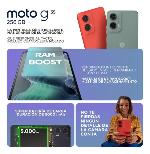 Cod. 268 Motorola G35 5G / UNISOC T760 / Ram 4GB (+8GB virtual), 256GB Alm. / 6.7&quot; FHD+ 120Hz / Cam. 50MP+8GB, Selfie 16MP / Android™ 14 / Aud. Stereo Dolby Atmos® / TurboPower™ 18W, 5000mAh / Dual SIM / IPX52 / Gris