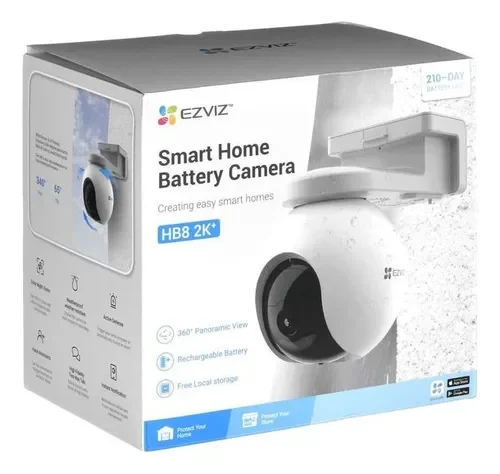 Cod.385 Cámara Smart p/exterior 360° EZVIZ HB8 2K+ / Batería integrada (210días) / Alm. interno 32GB, H.265 / Detección AI de Movimiento de Persona / Seg. Automático / FullColor 24/7 / Defensa activa &amp; Alertas de Voz Personalizadas / Audio bidireccional /