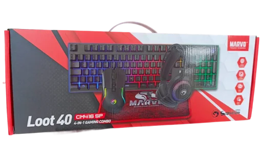 Cod. M:240  Kit 4 en 1 MARVO Loot40 SP (CM416) / iluminación RGB / Teclado Español 105 teclas + Mouse 8000DPI + Headphone Φ50mm + Mouse Pad antideslizante / interfaz: USB