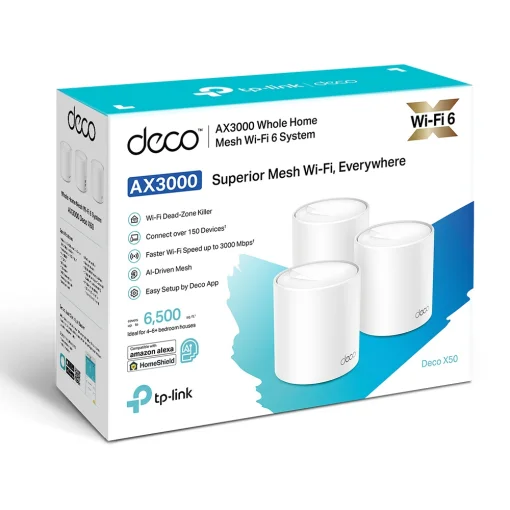 Cod. D:095 Sistema de Red Wi-Fi 6 Mesh con AI TP-LINK DECO X50 (3-Pack) / AX3000 velocidades de up 3.0 Gbps / 4*Flujos, Menos Lag. / tecnología OFDMA y MU-MIMO (2x2) / Conecta más de 150 dispositivos y cubre hasta 6,500 pies cuadrados)