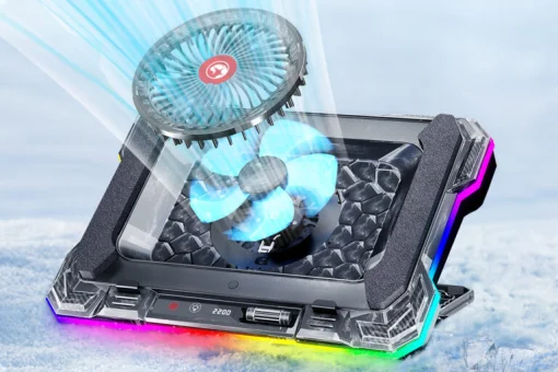 Cod. 470 Base de Enfriamiento P/Laptop MARVO Atlas 43 RGB (10 modos) / hasta 19&quot; / velocidades ajustables (300-2200 RPM) 89CFM, pantalla LED / 7 niveles ángulos / 2*P/USB /  Soporte P/Celular