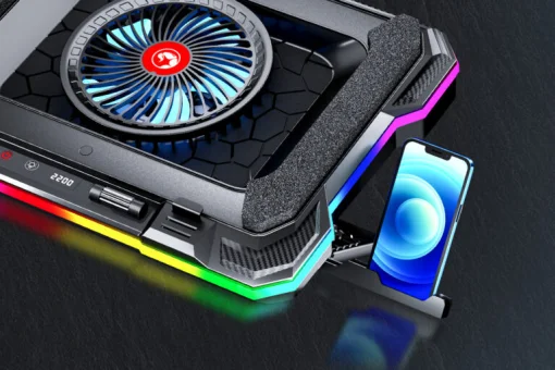 Cod. 470 Base de Enfriamiento P/Laptop MARVO Atlas 43 RGB (10 modos) / hasta 19&quot; / velocidades ajustables (300-2200 RPM) 89CFM, pantalla LED / 7 niveles ángulos / 2*P/USB /  Soporte P/Celular