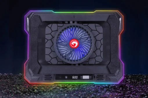 Cod. 470 Base de Enfriamiento P/Laptop MARVO Atlas 43 RGB (10 modos) / hasta 19&quot; / velocidades ajustables (300-2200 RPM) 89CFM, pantalla LED / 7 niveles ángulos / 2*P/USB /  Soporte P/Celular