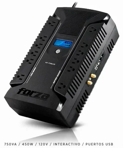 Cod. 052 UPS FORZA HT-750LCD Interactivo / 750VA/450W, 120V / 12*Tomas NEMA 5-15R + coaxial + P/Carga 2*USB-A, 1*USB-C / LCD de estado / Batería: 12V 7Ah