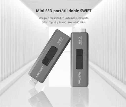 Cod. X:467 SSD Externo Dual Mini HIKSEMI SWIFT - 1TB / Interfaz: USB-A + USB-C 3.2 Gen 2 / OTG / 530MB/s Read, 450MB/s Write / Carcasa metálica