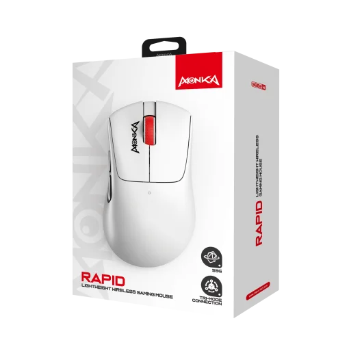 Cod. 263  Mouse MONKA RAPID G982W Gaming Tri-modo Wireless (2.4G &amp; BT 5.1) + cable / 12.000 DPI / Chip PixArt PAW3311 / 6 botones 6D programables / ultraligero (59g) / 100% PTFE (pie) / Bat. 400mAh