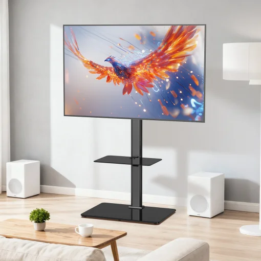 Cod. 1158 Soporte de piso para TV FSH12-D (PCT03) / 32"- 70" Max. 40Kg. (88lbs) / Base de Vidrio Templado / Ajustable Altura, Giratorio / hasta 600x400mm (Vesa) / negro