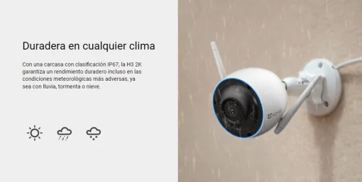 Cod. AE:205 Cámara exterior Wi-Fi EZVIZ H3 - 3MP resolución 2K / Visión Nocturna a Color / Detección de personas/ vehículos (tecnología de IA) / Defensa activa (sirena y luz estroboscópica) / Audio bidireccional / almacenamiento microSD (hasta 256GB) / Pr
