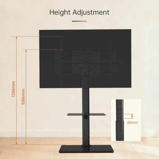 Cod. 1158 Soporte de piso para TV FSH12-D (PCT03) / 32"- 70" Max. 40Kg. (88lbs) / Base de Vidrio Templado / Ajustable Altura, Giratorio / hasta 600x400mm (Vesa) / negro