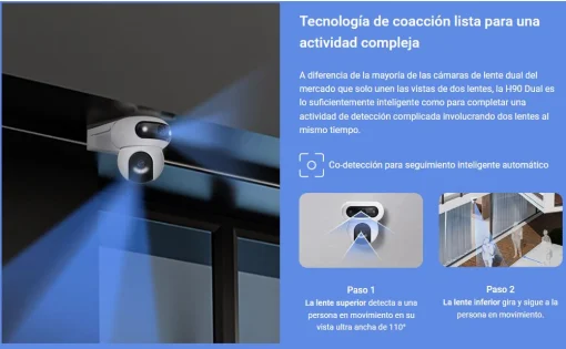 Cod. 747 Cámara Smart ext. EZVIZ H90 Dual (2K+ &amp; 2K+) / lentes Rotaciones duales / Control un toque / Vista Nocturna Color (40m)/ 2*modos patrulla / Detección humana/vehículo IA / Co-detección Seg. automát. / Defensa activa / Audio bidireccional / spt. Mi