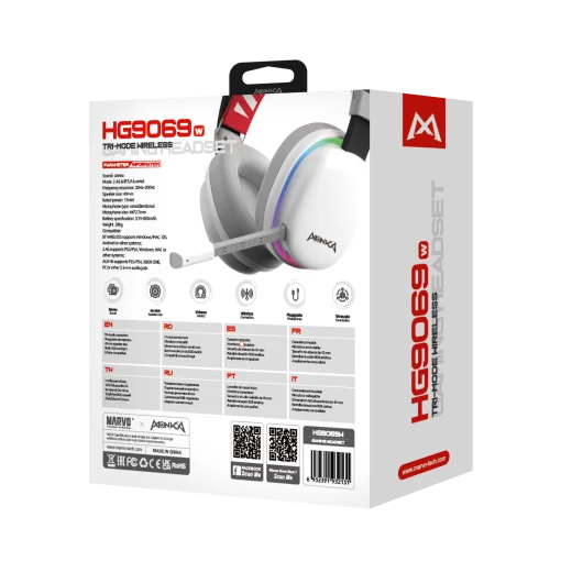 Cod. K:100 Headphone Monka Echo HG9069W Wireless 2.4G &amp; Bluetooth 5, Cableado AUX3.5mm / Iluminación RGB (estatica) / Micrófono omnidireccional extraíble /  Batería: 1000mAh / Compatible: PC, Android, Mac OS,IOS,PS4,PS5,XBOX ONE