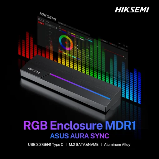 Cod. 036 Capsula HIKSEMI M.2 MDR1 P/SSD NVMe/SATA / 10Gbps / Compatible: Windows /MacOS/Linux /Android / USB 3.2 Tipo-C (Incl. cable USB-A)  / Iluminación RGB con ASUS Aura SYNC / Aluminio