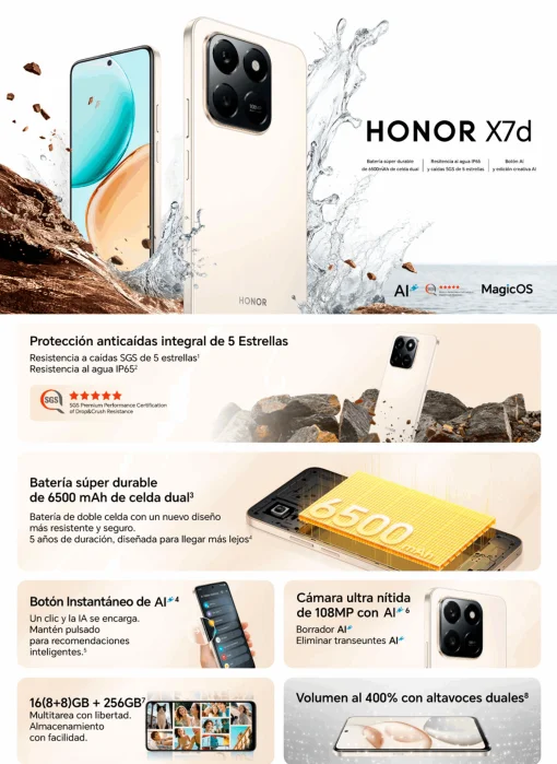 Cod. 299 HONOR X7d / 256GB Rom / 8GB Ram / LTE (Dual SIM) / 6.77" HD+ 120 Hz / Cam. 108MP con AI, 8MP Frontal / MagicOS 9 (Android 15) / Bot&oacute;n AI / Resistencia al agua IP65 y caidas SGS / Bat. celda dual 6.500 mAh / Plata Meteoro