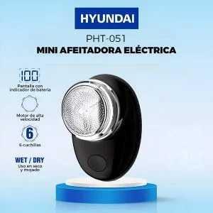 Cod. 1044 Mini Afeitadora Hyundai PHT-051 BK / 2W / 3D / Bat. 220 mAh / USB-C / Carga 1H, Uso 30 min. / peso 60g / pantalla indicador de carga