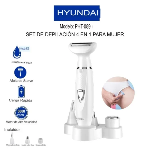 Cod. 1049 Set de depilación femenina Hyundai PHT-089 4en1 (afeitadora facial, de cejas, nariz y cuerpo, recortadora de bikini) 5W / Carga USB 1.5h, uso 90min. / Bat. 500mAh / Impermeable (IPX5)