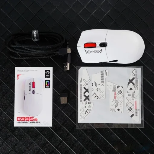 Cod. K:264 Mouse MONKA GURU G995W RGB Tri-modo Wireless (2.4G &amp; BT 5.2) + cable / 26.000 DPI / Chip PixArt PAW3395 / 6 botones / Peso (58g) / 100% PTFE (pie) / Bat. 300mAh(hasta 50H) / Dedicado: P/Gamer PRO/Usuario PRO