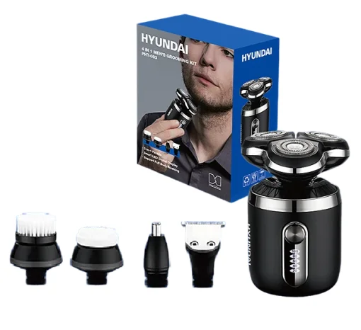Cod. 1046 Kit Afeitadora Hyundai PHT-083 4en1 / 5W / Bat. 600 mAh / 8500 RPM / resistente al agua (IPX6) / Incl. (1*cabezal recortador vello nasal, 1*recortador vello, 1*cepillo limpieza facial, 1*cabezal masaje)
